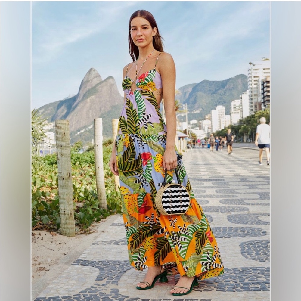 Farm Rio Mixed Striped Bananas Maxi Dress